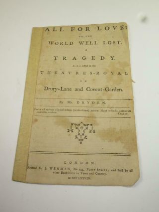 Antique 18th Century Theatre Programme All For Love Theatre Royal Drury Lane