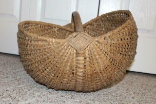 Large Antique Pa Dutch Hand Woven Splint Gathering Basket W/nice Woven Cat Eyes