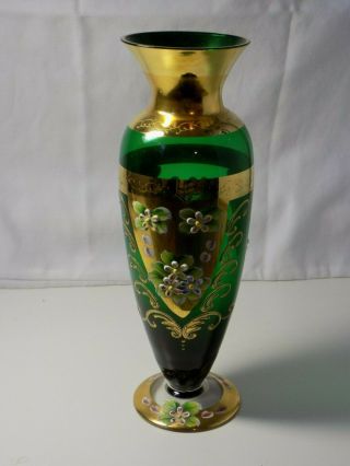 Antique Vecchia Murano 24k Gold And Emerald Glass Vase 9 1/2 " Tall