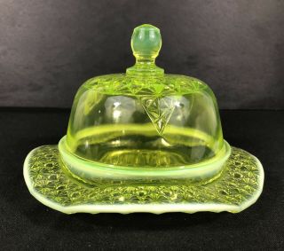 Vintage Antique Opalescent Vaseline/uranium Glass Daisy Button Butter Dish