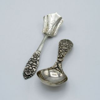 Antique 800 Silver Two Heavy Spoons - Sugar Shovel & Jam Floral Designs