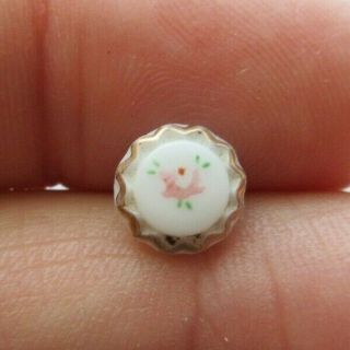 Delicate Antique Vtg Diminutive White Glass Button W/ Pink Enamel Rose 3/8 " (z)