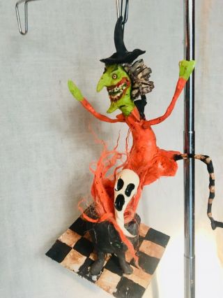 Primitive Handsculpted Papermache Halloween Witch Dancin Around Cauldron 71/2”