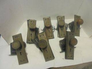 Set Of 7 Vintage Metal Door Knobs With Back Plates Skeleton Key Locks Latces