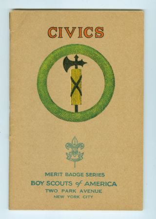 Civics Tan Merit Badge Book Copyright 1930,  Printed June,  1933