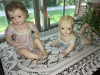 Antique Bisque Fine Porcelain Piano Baby Figurines Lying Down And Sitting Up