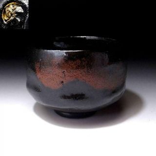 Gb18: Vintage Japanese Pottery Tea Bowl,  Raku Ware,  Black & Red,  Wabi Sabi Taste