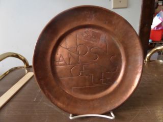 Vintage Hand Hammered Scribed Copper Plate Los Angeles Art Deco Made In Germany