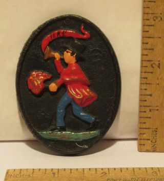 Oval Wall Plaque Or Medallion - Fire - Man With Bugle And Torch - Cast Iron