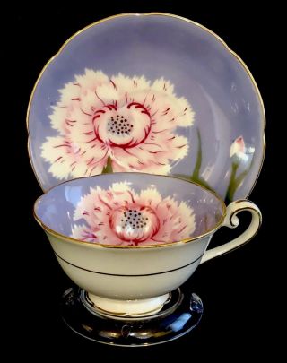 Vtg Saji Cup And Saucer Hand Painted Pink Carnation Flower Gold Edge