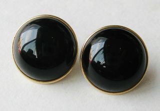 Fine Vintage 14k Yellwo Gold Black Onyx Disc Round Pierced Earrings