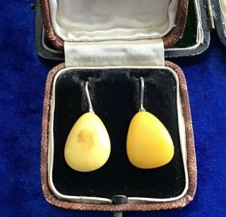 Stylish Antique Art Deco Real Silver & Baltic Amber Pear Drop Design Earrings