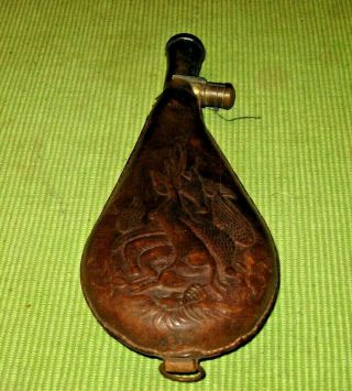 Antique Tooled Leather Shot Flask,  Hanging Rabbit And Game Birds,  With Birdshot