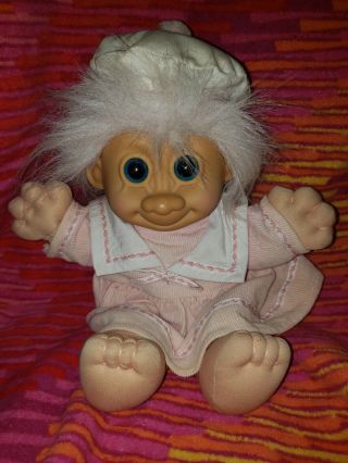 Vintage Russ Troll Doll 12 " Plush,  White Hair,  Pink Cord Dress,  Beret,  Blue Eyes