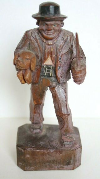 Man Carrying Dog,  Ca.  13cm Black Forest (?) Carved Painted Figure