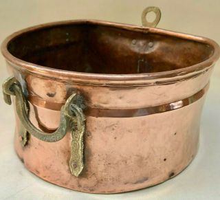 Antique French Rustic Wall Hanging Copper Jardiniere With Brass Handle & Hook