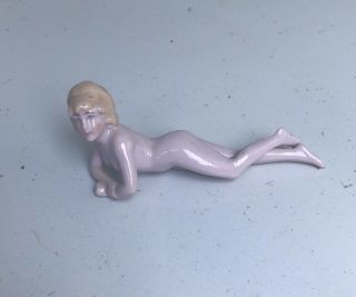 Antique German Bisque Bathing Beauty Figurine 3 1/2” Risqué Nude Blonde Laying