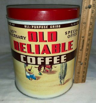 Antique Old Reliable Coffee Tin Litho Can Desert Burro Retro Kitchen Canister