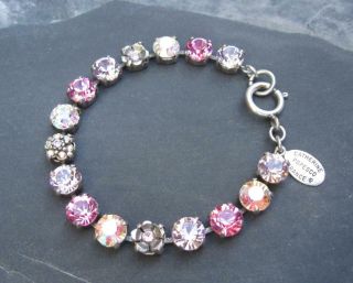 Catherine Popesco Pink Floral Swarovski Crystal Link Bracelet Antiqued Silver
