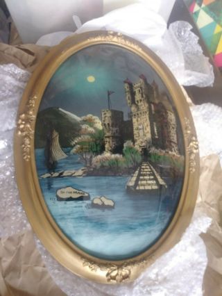 Antique On The Danube Reverse Painting Oval Convex Bubble Glass Frame