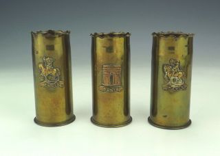 Antique Trio Of 1916 Trench Art Brass - Paris Great War Commemorative Vases