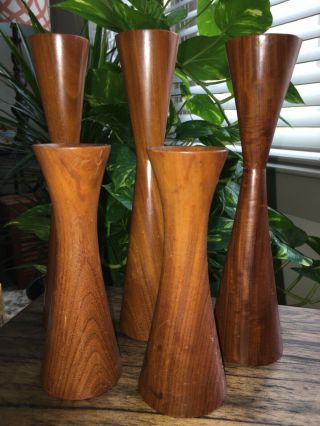 Tapered Mid Century Modern Wood Candle Candlestick Holders Modernist Set Of 5