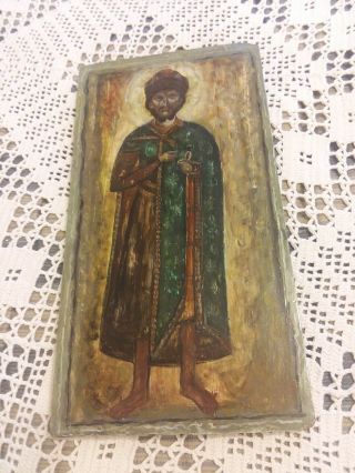 Vintage Painting On Wood Board Russian Polish European Religious Theme 15 " X 8 "
