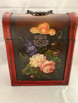 Antique Hand Painted Wine Box Carrier Holds 3 Wooden Metal Handle Clasp Hinge