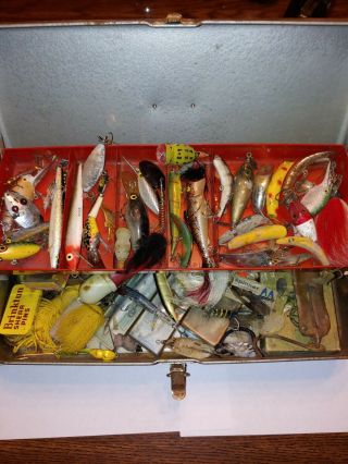 Vintage Old Tackle Box Loaded With Heddon Lazy Ike - 2 Old Lures.