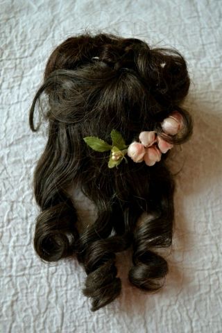 Antique Dark Brunette French Styled Doll Wig With Millinery Flowers Size 8