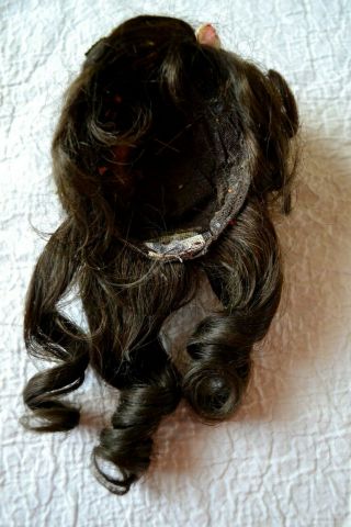 ANTIQUE DARK BRUNETTE FRENCH STYLED DOLL WIG WITH MILLINERY FLOWERS SIZE 8 2