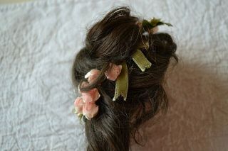 ANTIQUE DARK BRUNETTE FRENCH STYLED DOLL WIG WITH MILLINERY FLOWERS SIZE 8 3