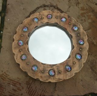 10 " Round Oak Art & Crafts Mirror With Coloured Glass Cabachons