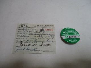 Vintage 1974 Pennsylvania Non - Resident Fishing License - Matching Paper & Pin
