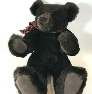 Vintage Brown Teddy Bear Jointed Arms Legs Head Stitched Nose Black Red Bow 18 "