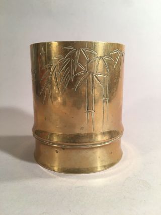 Vintage Chinese Brass ​pen Holder Hand Carved Brush Pot,  Signed