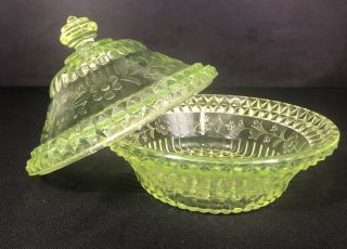 Antique Vaseline Glass Wildflower Pattern Covered Bowl Uranium Bowl N Lid