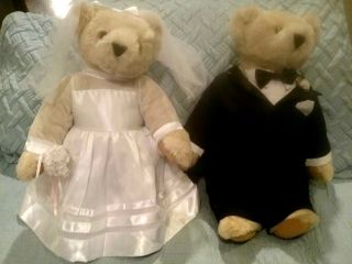 Vintage Vermont Teddy Bear Wedding Bears Bride And Groom With Stand