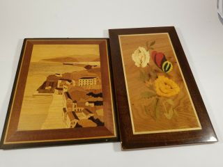 2 Vintage Inlaid Wood Marquetry Landscape / Still Life Plaques