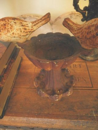 Adorable OLD Vintage Mini Cast Iron Birdbath with 2 Birds Time Worn Rusty Patina 7