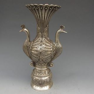 Old Chinese Silver Bronze Handwork Peacock Shape Vases Ming Dynasty