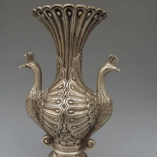 OLD CHINESE SILVER BRONZE HANDWORK PEACOCK SHAPE VASES MING DYNASTY 2