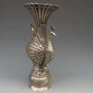 OLD CHINESE SILVER BRONZE HANDWORK PEACOCK SHAPE VASES MING DYNASTY 3