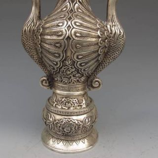 OLD CHINESE SILVER BRONZE HANDWORK PEACOCK SHAPE VASES MING DYNASTY 4