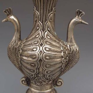 OLD CHINESE SILVER BRONZE HANDWORK PEACOCK SHAPE VASES MING DYNASTY 5