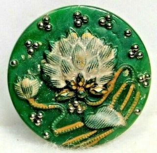 Antique Vtg Button Green Glass W Hand Painted Lily Pad W Silver Dots 7/8 A25