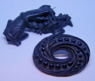 2 X Antique 19th Century Whitby Jet Or Vulcanite Mourning Brooches