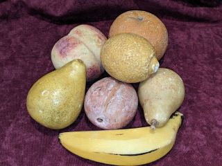 Antique Stone Alabaster Fruit Pears Apricot Orange Bannana Peach Lemon (7 Piece)
