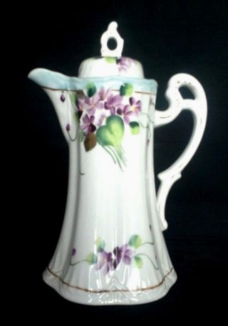 Nippon Antique Hand Painted Porcelain Chocolate Pot Violets Gold Trim D1