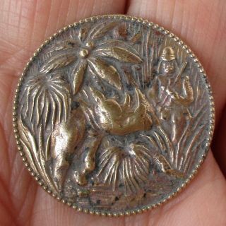 1 3/4 " 1 - Piece Stamped Brass Hunter And Rhinoceros In Jungle Button